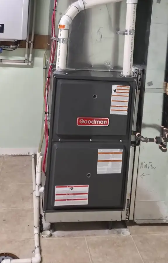 New Goodman high-efficiency gas furnace installed by Synoptic HVAC in a Winnipeg basement